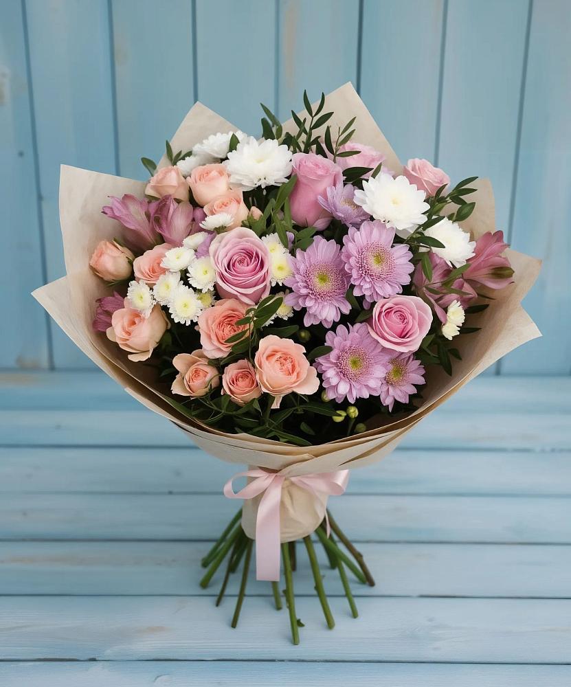 Букет цветов из: Хризантемы, Розы и Альстромерии в Тайтурке